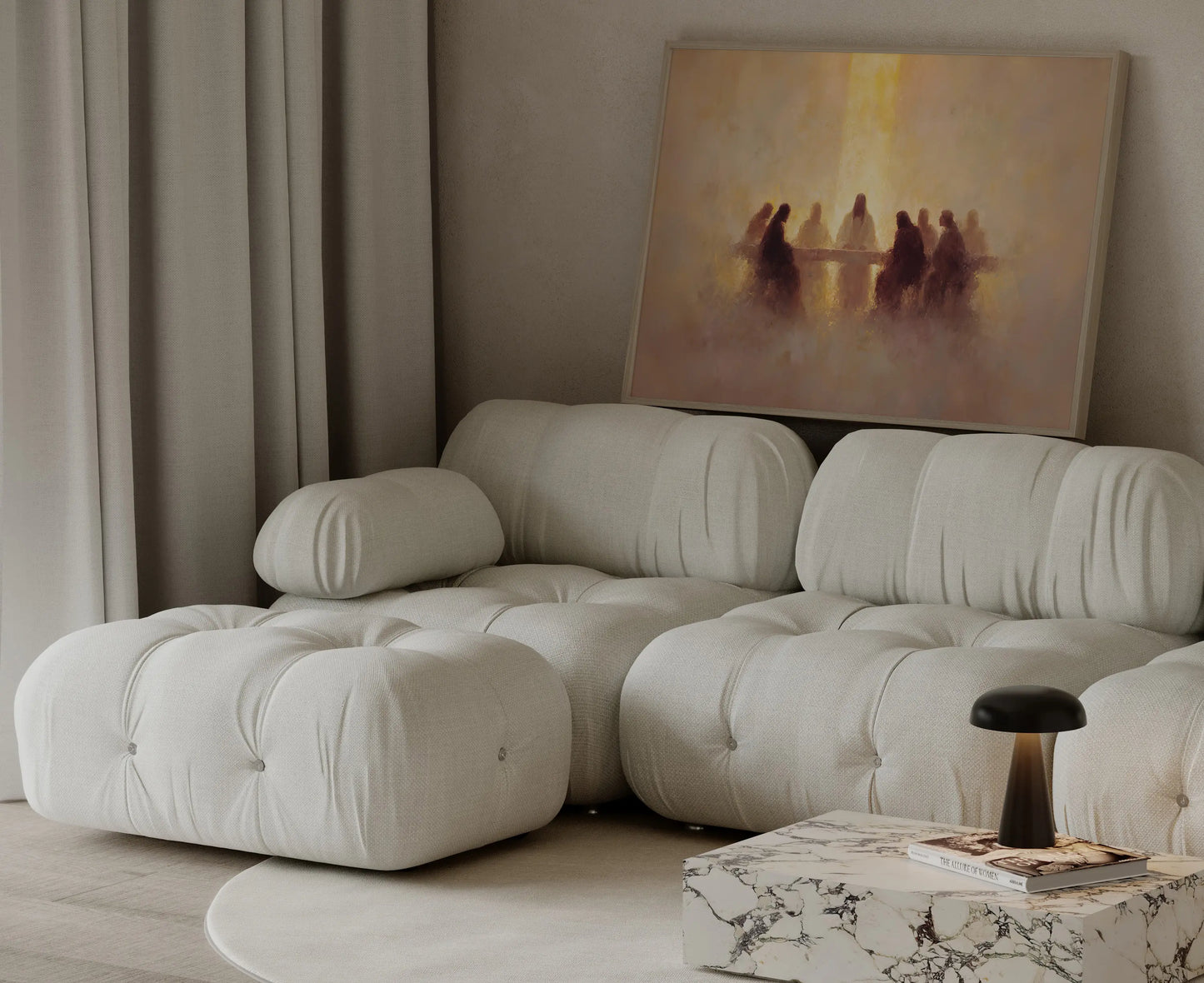 Golden-toned panoramic Last Supper painting in a thin frame leaning against a cream couch – JesusArtworks
