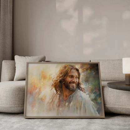 Landscape watercolor painting of a smiling Jesus, warm Christian wall art for living room