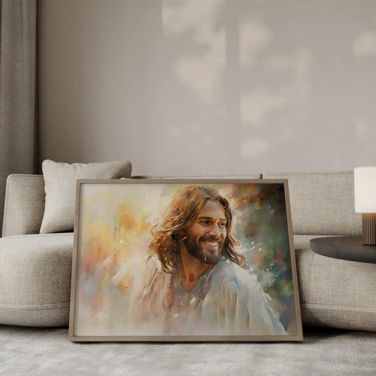 Landscape watercolor painting of a smiling Jesus, warm Christian wall art for living room