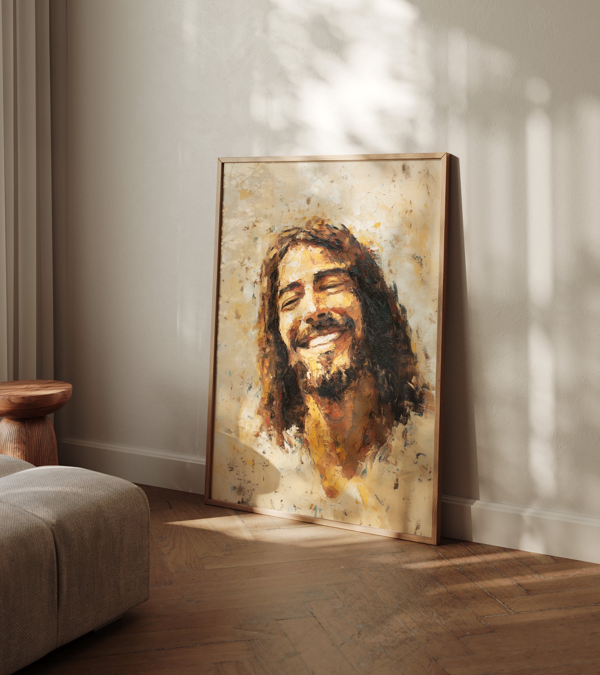 Modern spiritual portrait of Jesus smiling, painted with expressive strokes and a soft, atmospheric background that emphasizes joy and approachability.