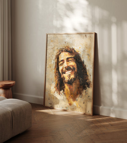 Modern spiritual portrait of Jesus smiling, painted with expressive strokes and a soft, atmospheric background that emphasizes joy and approachability.
