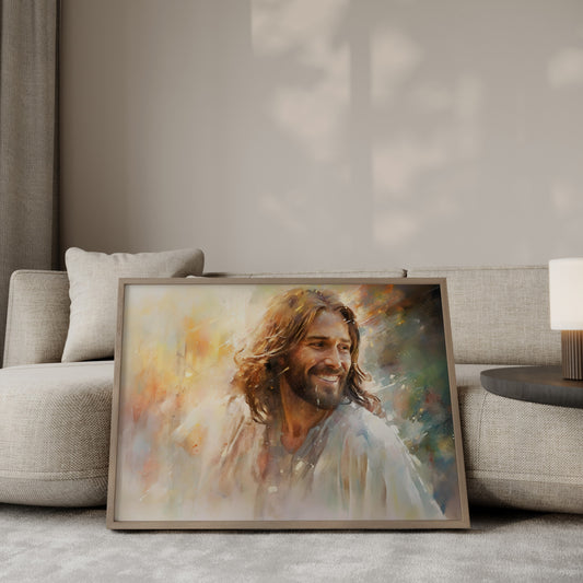 Close-up portrait of Jesus Christ smiling with a warm and joyful expression in a modern art style