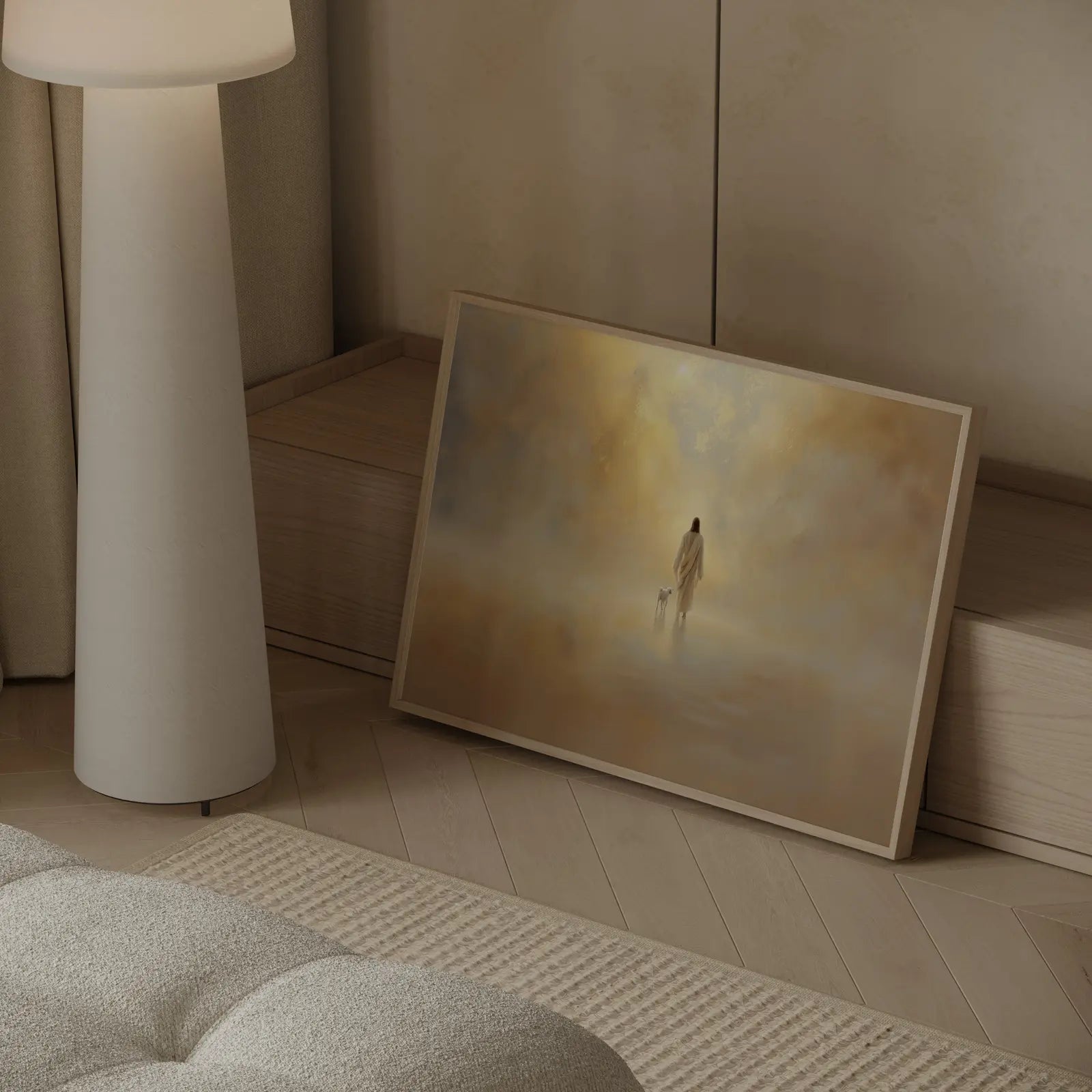 Close up of digital oil painting texture showing Jesus in soft golden and white ethereal light