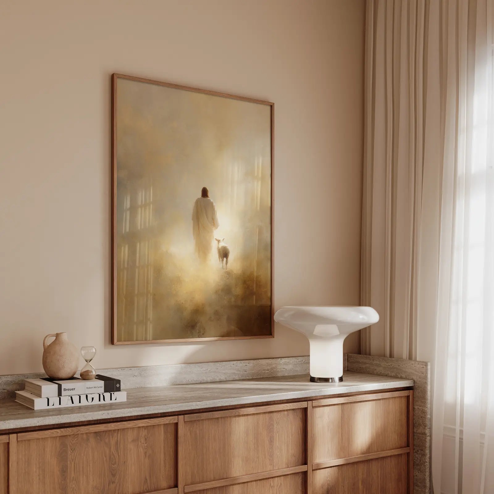 Minimalist Christian wall art in soft gold tones for a modern living room.