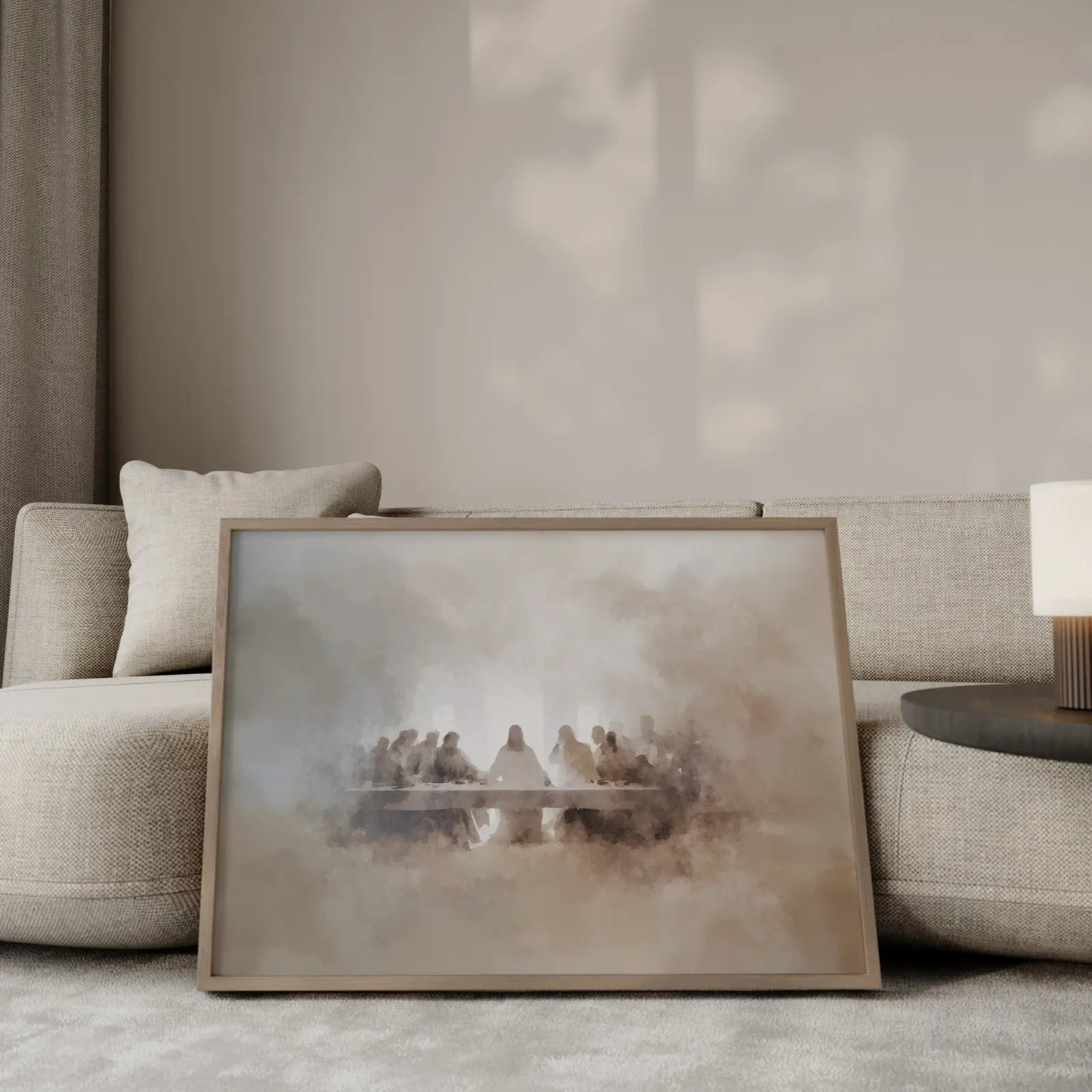 The Last Supper ethereal watercolor painting – Jesus and His twelve disciples as soft silhouettes gathered at the table emerging from warm misty beige tones, minimalist Christian wall art by JesusArtworks