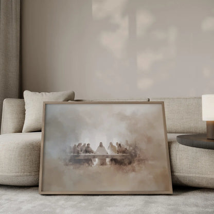 The Last Supper ethereal watercolor painting – Jesus and His twelve disciples as soft silhouettes gathered at the table emerging from warm misty beige tones, minimalist Christian wall art by JesusArtworks