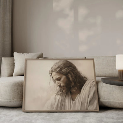 The Humble King contemplative Jesus portrait wall art leaning against a sofa in a modern minimalist living room
