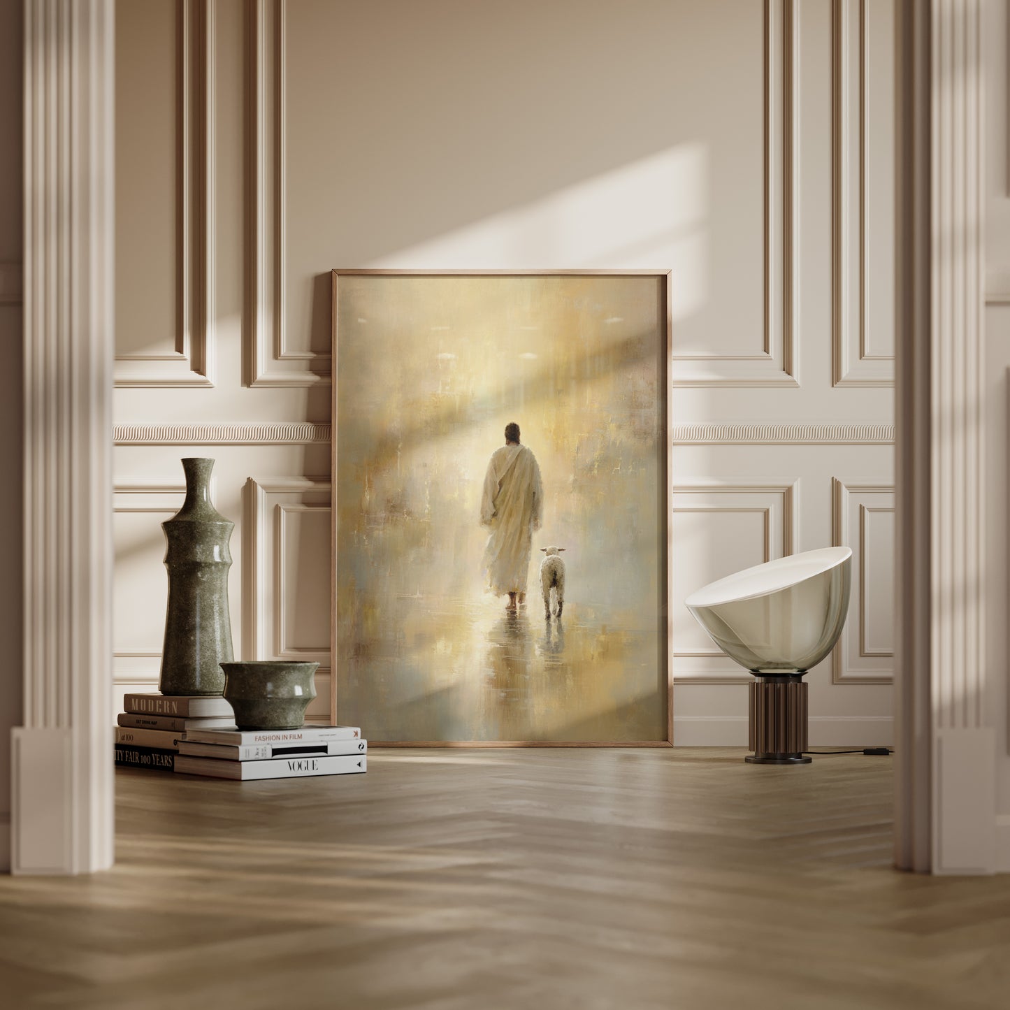 Close-up of the lost lamb being rescued by Jesus in a soft-toned religious painting