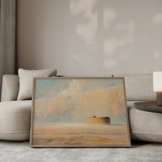 The Remnant Noah's Ark wall art print in a gold frame leaning against a modern beige sofa – biblical home decor by JesusArtworks
