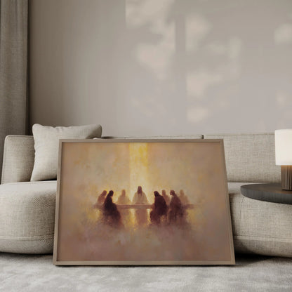 The Covenant Meal Last Supper wall art print in a gold frame leaning against a beige sofa – Christian home decor by JesusArtworks