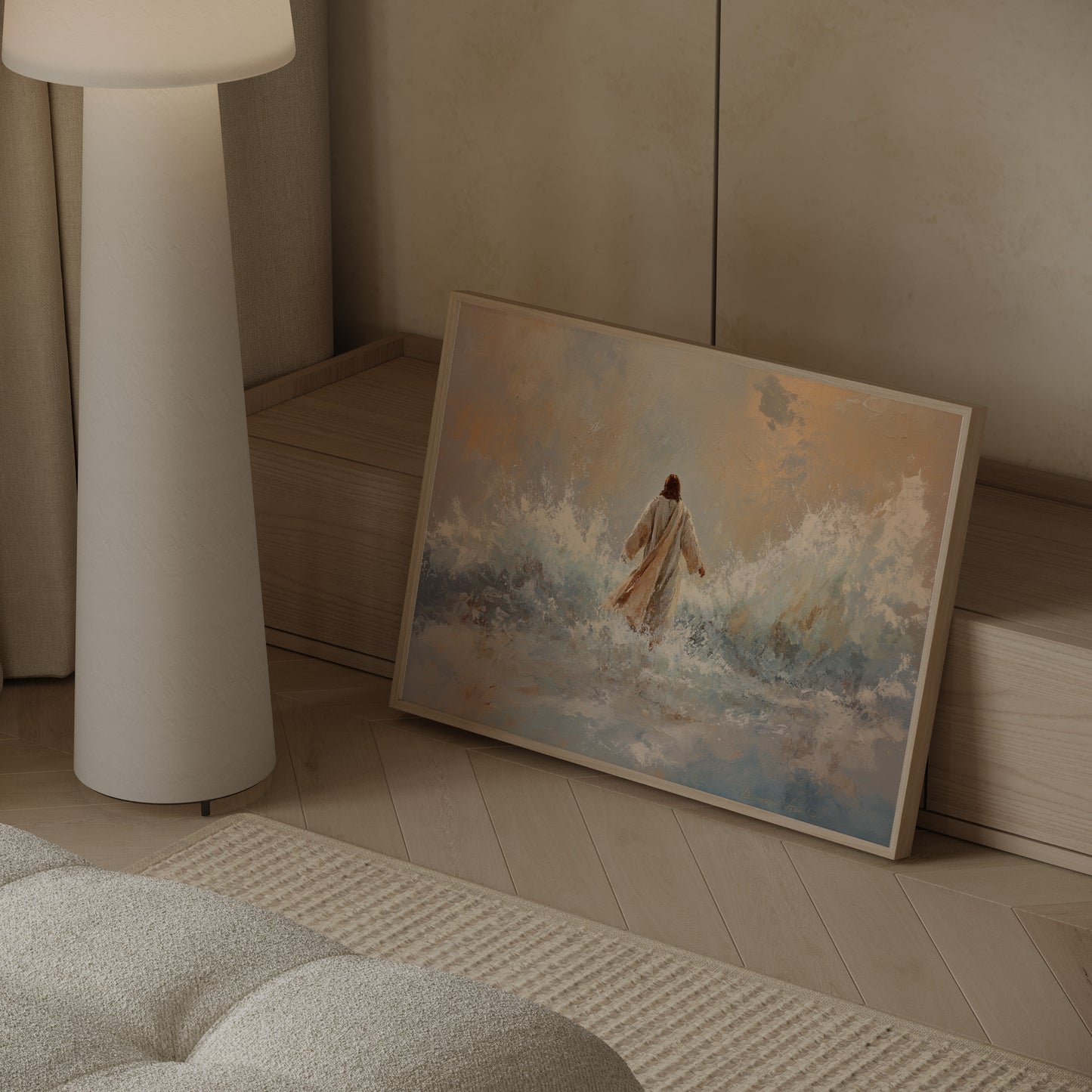 Modern Christian impressionist artwork of Jesus walking on water, with soft textures, warm neutral palette, and serene spiritual glow.