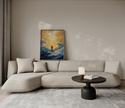 Modern Christian art of Jesus walking on water, using minimalist figurative style, expressive palette knife strokes, and luminous heavenly light.