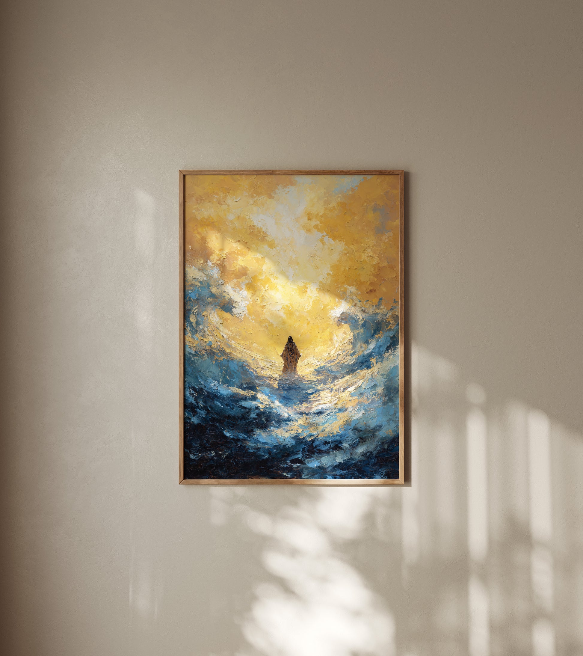 Sacred modern painting of Jesus walking on water, blending abstract expressionist energy, thick impasto texture, and a serene yet powerful spiritual presence.