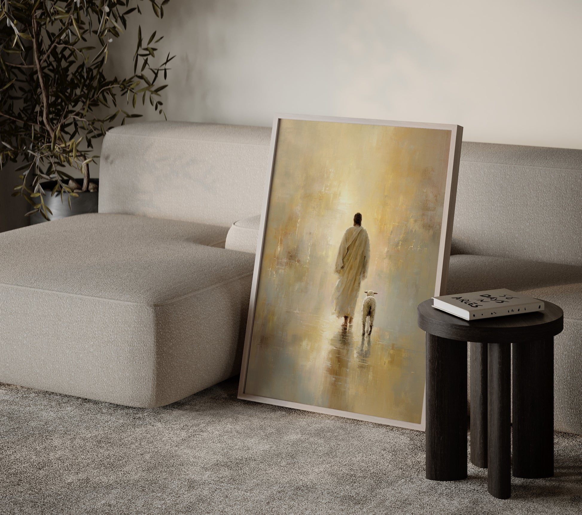 Spiritual art print of Jesus as the shepherd in warm golden and beige earthy tones