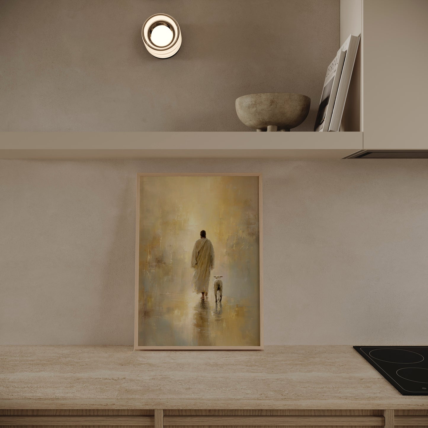 A welcoming religious art piece of Jesus and a lamb placed on a side table in an entryway