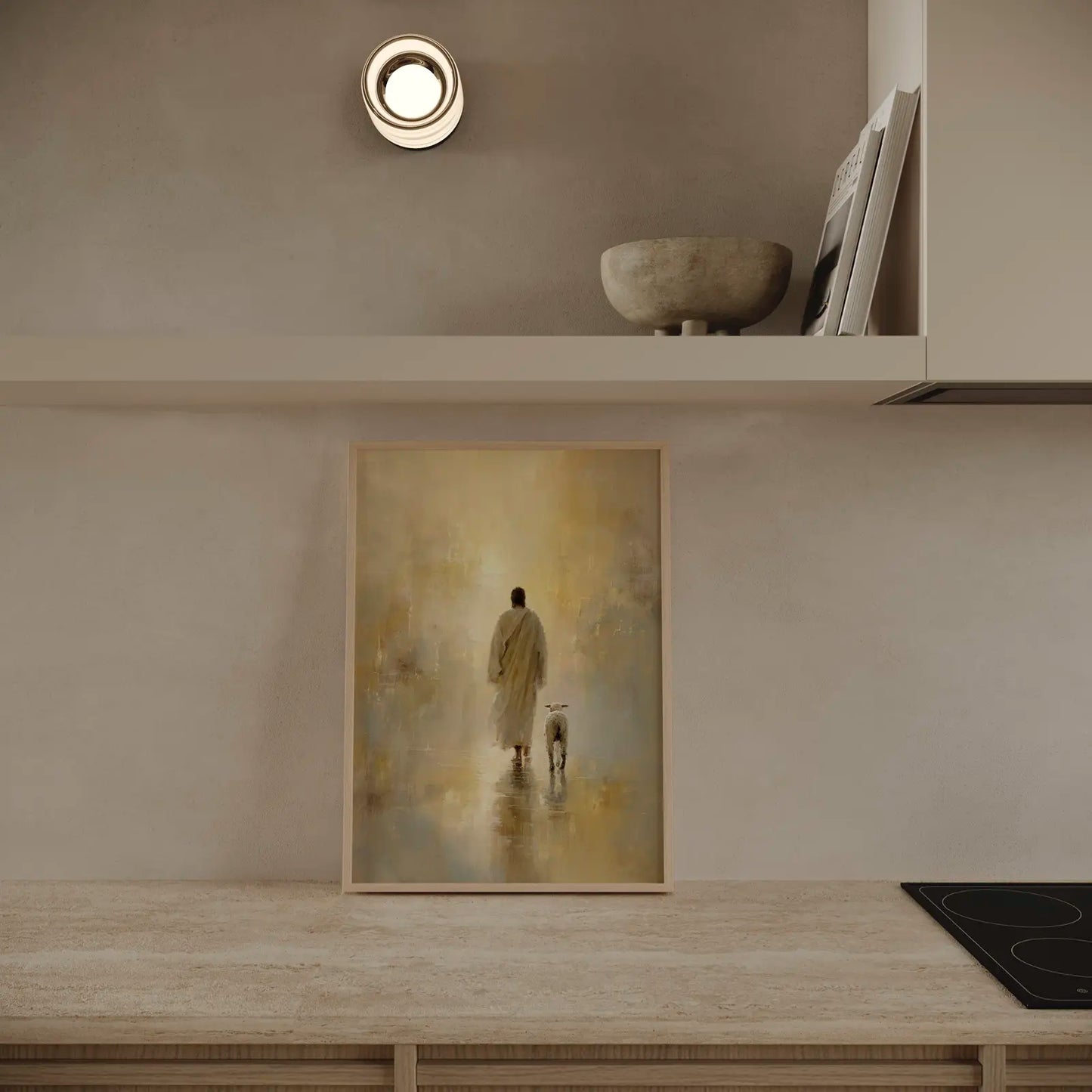 Radiant golden hour style religious painting, Jesus silhouette against a glowing warm background